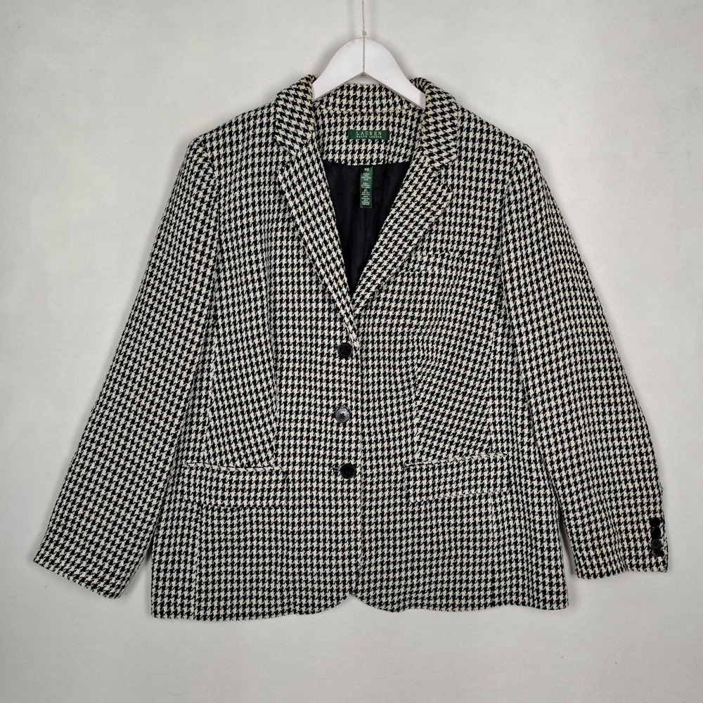 Lauren Ralph Lauren Houndstooth Linen Blend Blazer Jacket Black White 16W